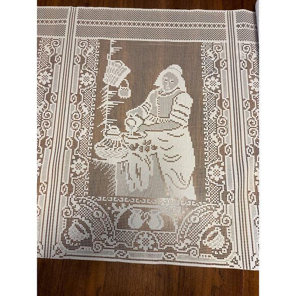 Vintage Crochet Lace Panel With Woman At Spinning Wheel Design 19 1/2" x 29" - Picture 1 of 3